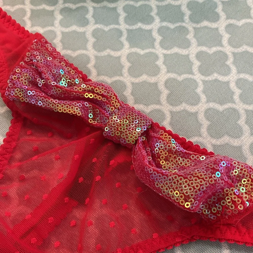 Vintage Victoria’s Secret Sexy Little Things Red Sequin Bow Mesh Thong L